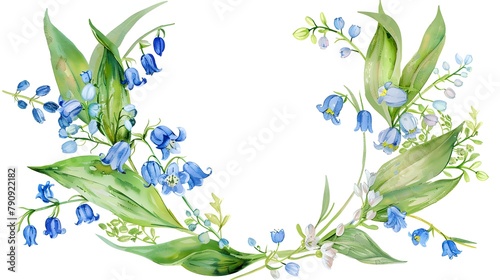 A blue and white flower arrangement with green leaves. The flowers look like watercolor