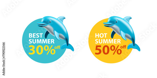 Label sticker for promotional summer offers, dolphin, sun, 3D. Round element for hot summer offers, buy with discount, Vector