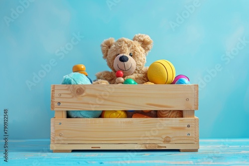 Toy box full of baby kid toys, teddy bear and wooden toys on light blue background