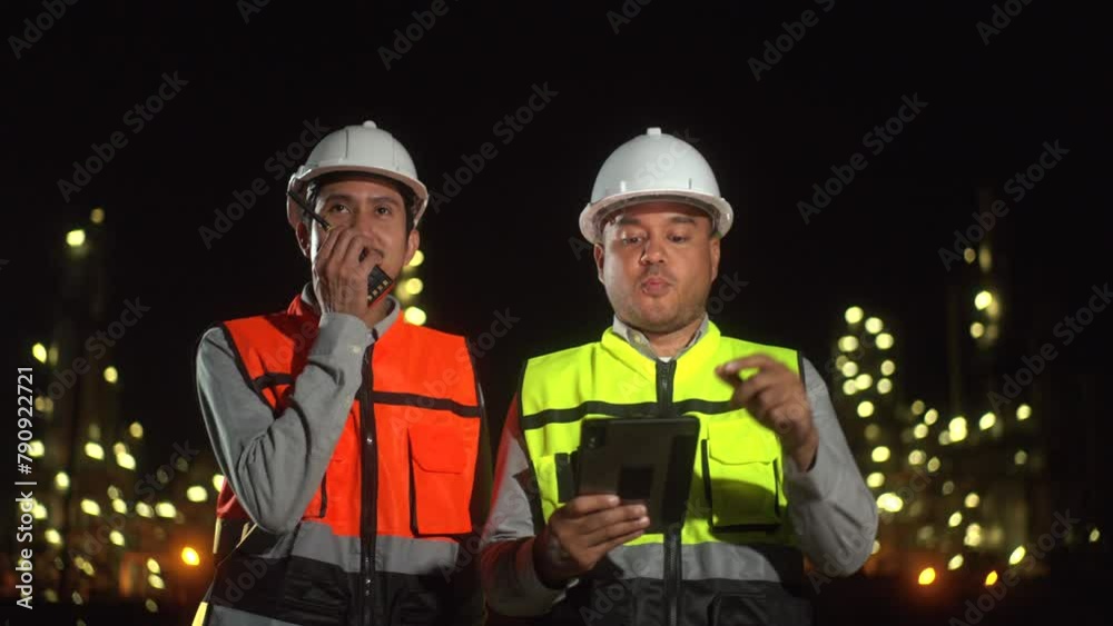 Confident two engineers man inspection discussion with tablet walking front of oil refinery factory at night. Walking at factory building construction on industrial estate. Teamwork concept.
Confident two engineers man inspection discussion with tablet walking front of oil refinery factory at night. Walking at factory building construction on industrial estate. Teamwork concept.