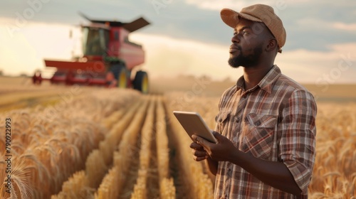 Farmer With Tablet in Wheat Field photo