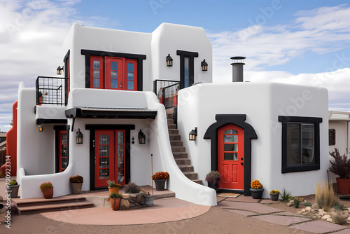 Pueblo Style House (Color Pop) - Originated in the southwestern United States in the early 20th century, characterized by thick adobe walls, flat roofs, and a simple, functional design photo