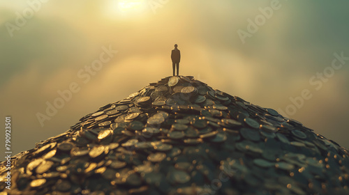 Dramatic image of a man's silhouette standing on a mountain of coins, backlit by a sunset sky