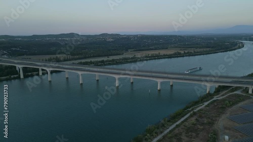 Wallpaper Mural Panoramic bird's eye view of a passenger ship passing under the double viaduct on the Rhone River in Avignon - France. Torontodigital.ca