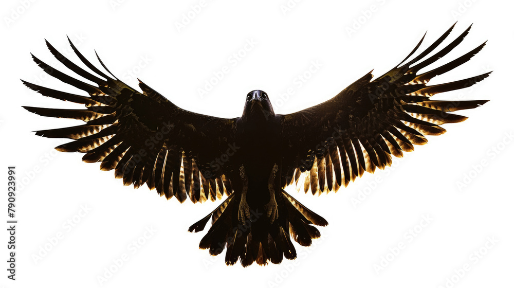 Naklejka premium A large black bird soars gracefully through the air with its wings spread wide in flight