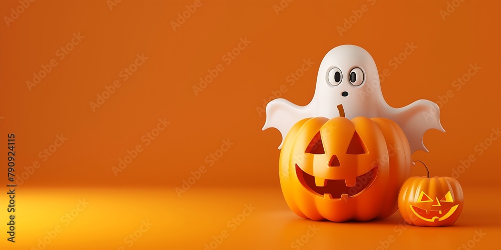 Halloween day, Realistic 3D Halloween Design with Orange Pumpkin and White Ghost Halloween day, Realistic 3D Halloween Design with Orange Pumpkin and White Ghost