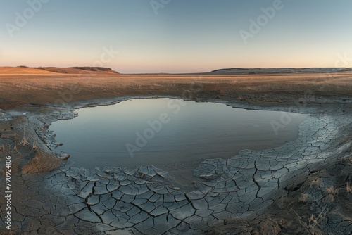 Unexpected sight of a water puddle shining in the desert landscape