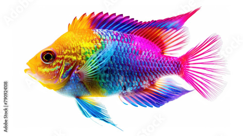 A vibrant fish displaying a stunning rainbow of colors against a clean white backdrop
