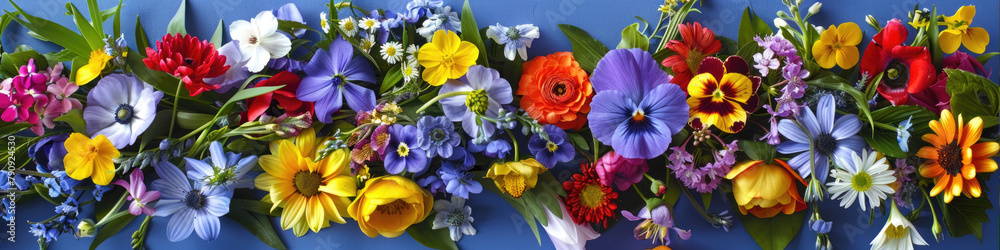 Fototapeta premium A bunch of colorful flowers displayed on a wall as decor, adding a pop of brightness to the space