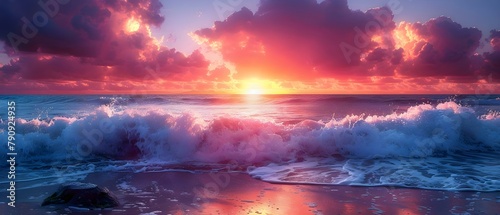 Fiery Sky Embrace: Waves Meet Sunset Majesty. Concept Nature's Beauty, Ocean Sunset, Fiery Skies, Horizon Views, Serene Watercolors