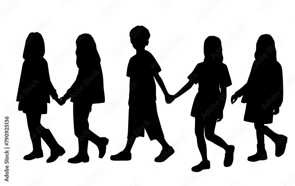 Vector silhouettes of  boy and a girls, a group of walking   shildren, profile, black  color isolated on white background