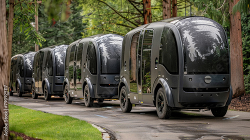 Several black  futuristic buses are neatly parked in a row on the side of a road, awaiting passengers or travelers photo