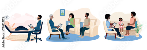 People of different ages and races at a therapeutic session in a psychologist's office. Consulting, training, problem solving and psychological assistance. Vector set illustration in flat style.