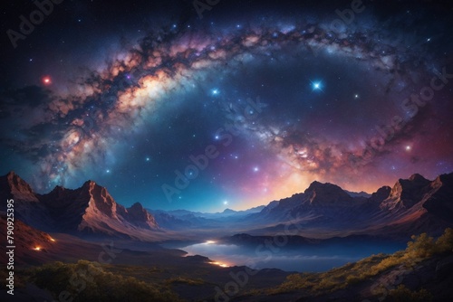 Starry Night Landscape Background, Galactic Scenery Landscape, Milky Way Galaxy Background with Twinkling Stars, AI Generative © Forhadx5