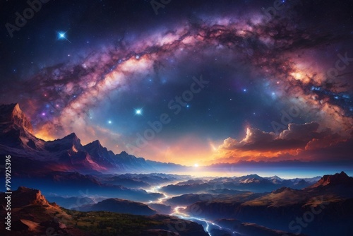 Starry Night Landscape Background, Galactic Scenery Landscape, Milky Way Galaxy Background with Twinkling Stars, AI Generative