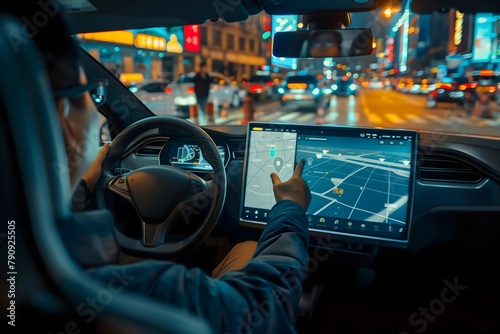 Driver points at destination satellite navigation GPS display electric car, driving in traffic