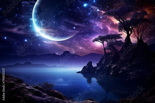 Starry Night Fantasy Landscape, Magical Moon Night, Fantasy Night Sky Lake Wallpaper, Beautiful night sky the Milky Way moon and the trees, Sky Space Water Moon Stars, AI Generative © Forhadx5