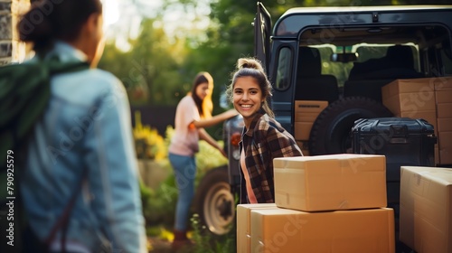 Smiling female college student packs belongings in luggage boxes, moving to dorm on campus