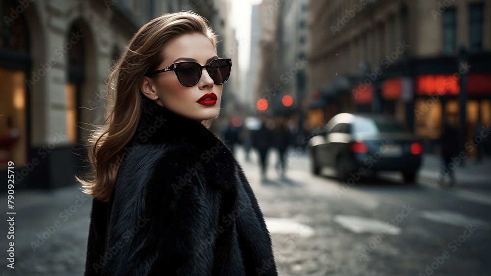 A woman in a sumptuous black fur coat and pristine boots struts confidently down the bustling city sidewalk. Her sleek, shimmering hair cascades down her back, framing a face adorned with striking red A woman in a sumptuous black fur coat and pristine boots struts confidently down the bustling city sidewalk. Her sleek, shimmering hair cascades down her back, framing a face adorned with striking red