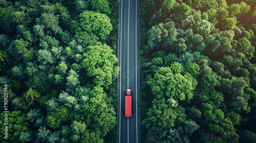 Ripresa aerea di un camion solitario che percorre un'autostrada illuminata dal sole e circondata da una fitta vegetazione.