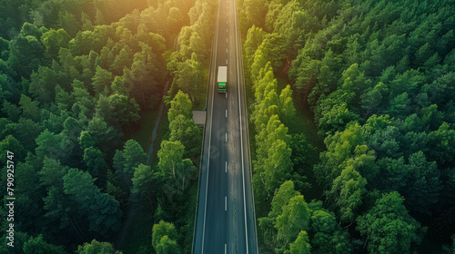 Ripresa aerea di un camion solitario che percorre un'autostrada illuminata dal sole e circondata da una fitta vegetazione.