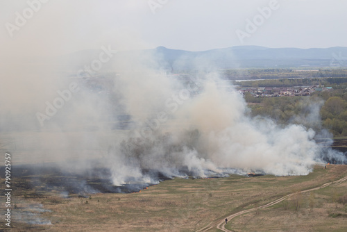Burning fields. Ecology disaster Wildfire. Aerial view