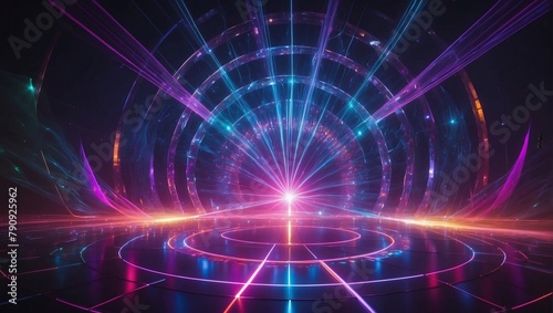 Mesmerizing light spectacle, Circular arrangement of disco lasers casting vibrant hues and dynamic rays.