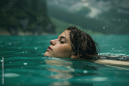 portrait of young woman swimming in a lake