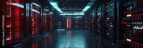 Modernes Datentechnik Zentrum mit Server Racks und visuellen Effekten