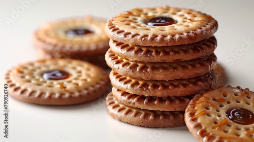  A stack of cookies on a white table Nearby, a pile of jelly-filled cookies aligned vertically