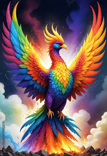 phoenix rising, a colorful firebird with rainbow wings