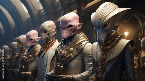 Diverse alien races gathered in a grand hall each representative adorned in unique cultural garb