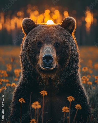 Elemental bear, forest s ward, sunrise, protector in earth s guise, close up strength, morning guard, nature s bulwark
