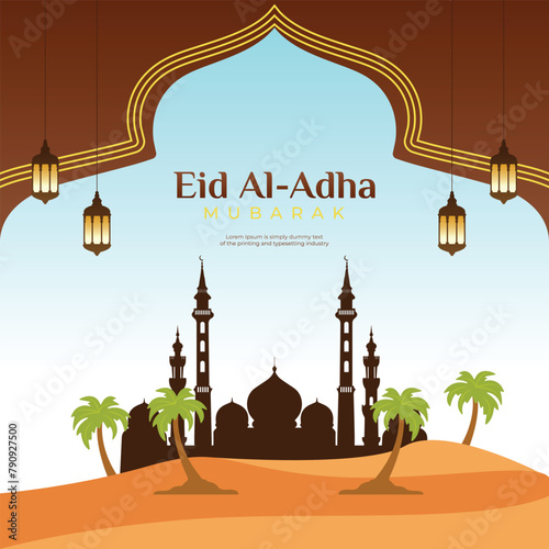 Eid Al Adha Mubarak Islamic festival Background Design Template with desert theme