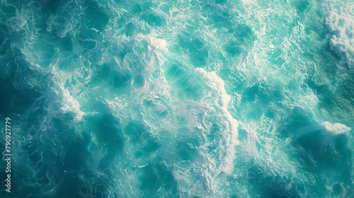 Foamy texture background of turquoise sea, Crashing waves on the beach, Blue ocean surface, top view.