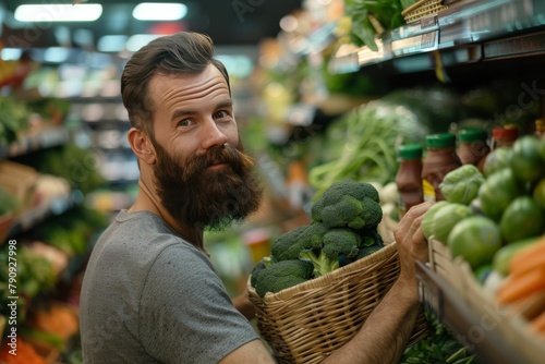 Close-up photo in a vibrant supermarket setting, where a man with determination examines his grocery list.. Beautiful simple AI generated image in 4K, unique.