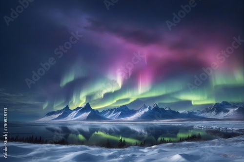 Snow covered Mountain and Aurora Sky Landscape, Southern Lights Landscape, Aurora Landscape, Shimmering Aurora Borealis, Northern lights Aurora Borealis, AI Generative © Forhadx5