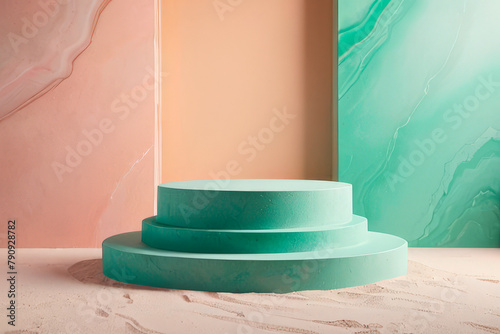 3D podium for product advertising, minimalism, coral and light green color