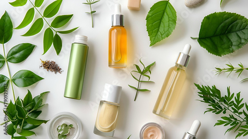 Natural Beauty Products. Flat Lay with Green Leaves and Skincare Essentials. Relaxing Self-Care with Natural Skincare Products