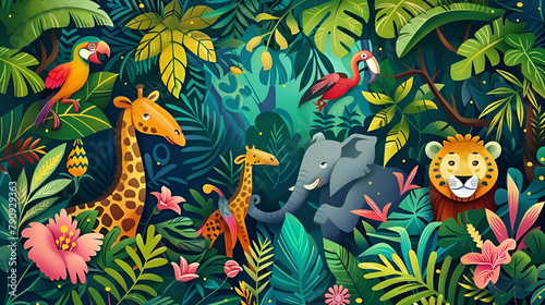Vibrant Jungle Biodiversity. Animals and Plants in Lush Rainforest. Lush Jungle illustration with Exotic Animals and Plants