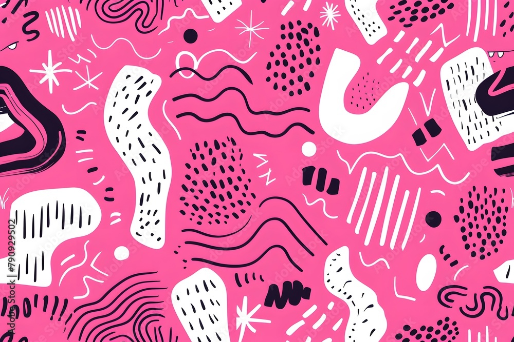 Abstract Hand-Drawn Doodle Patterns on Hot Pink Background Abstract Hand-Drawn Doodle Patterns on Hot Pink Background