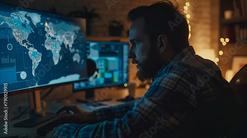 Cybersecurity and Monitoring Concept. Analyst Working at Night on Computers with World Map. Man Working with Global Maps on Computer Screens #790929915