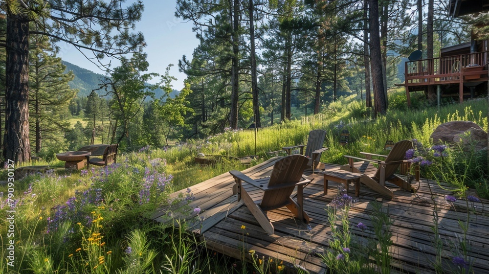 Rustic wooden deck nestled amidst tall trees and wildflowers, blending harmoniously with the natural surroundings, creating a serene retreat.