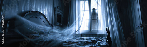 Eerie Ghost Silhouette Haunts Bedroom Window in Hyper-Realistic Night Photography