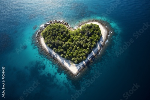 Heart Shaped island in Ocean, Top View Heart Shaped island in the Middle of the Sea, Fantasy Heart Island wallpaper, AI Generative