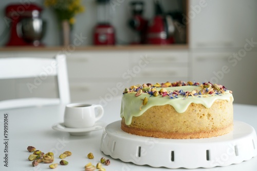 Tort, sernik na stole i kawa, w kuchni © Ilona