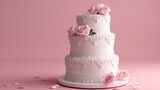 3d clay wedding cake with pink roses design. dessert sweet minimal pastel background.	
