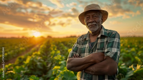A Farmer at Sunset in Field