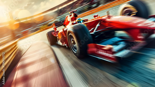 Racing car at high speed. Racer on a racing car passes the track. Motor sports competitive team racing. Motion blur background © Bi
