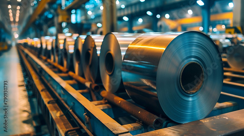 Industrial Manufacturing Concept. Rolls of Sheet Metal in a Factory. Steel Industry Concept. Rolled Steel in a Production Plant photo